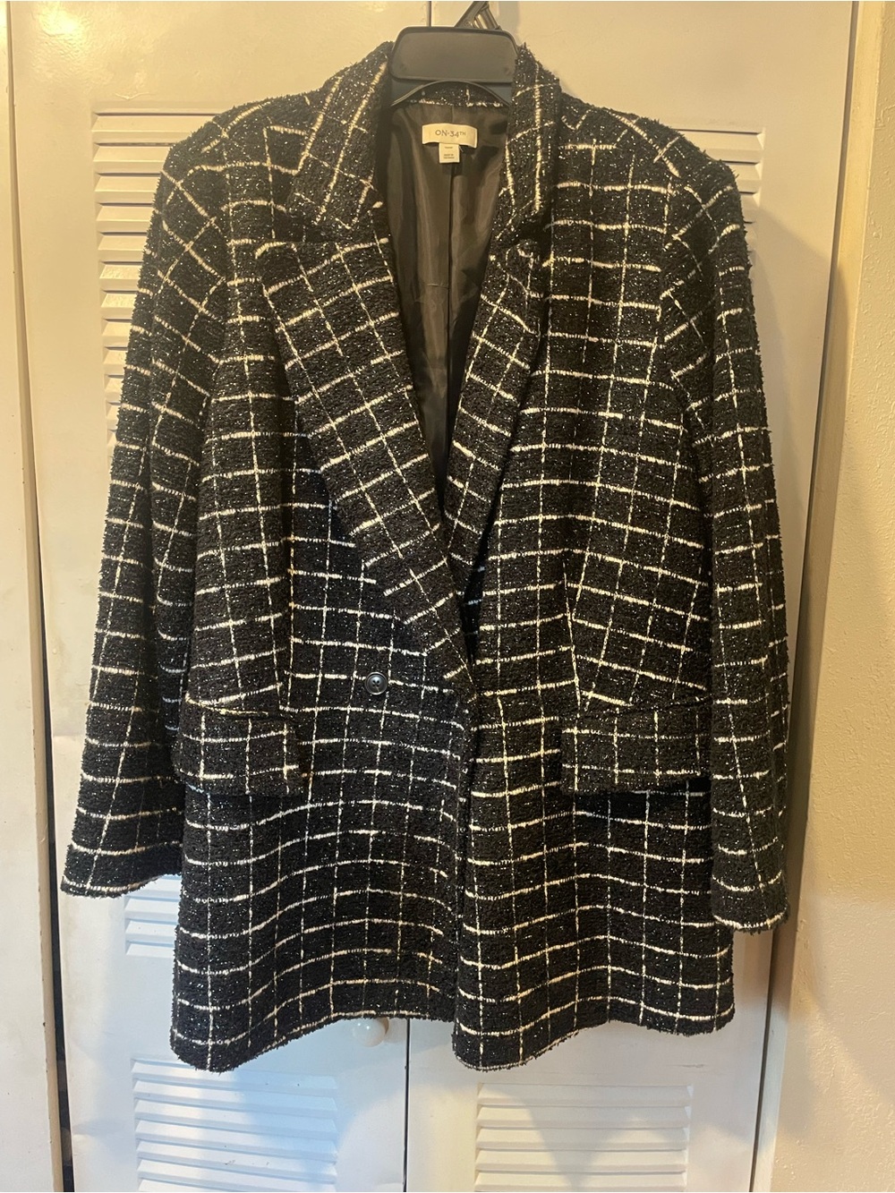 On 34th Black & White Windowpane Tweed Blazer Coat